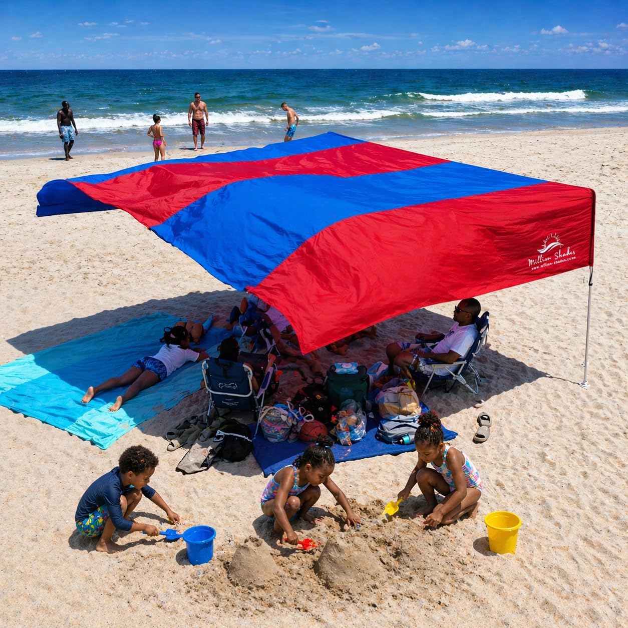 Wind-Propelled Beach Shade Canopy 14x14 ft for 10+ People | Beach Shade Sail | UPF 50+ | No Ropes No Sandbags | MillionShades Grande