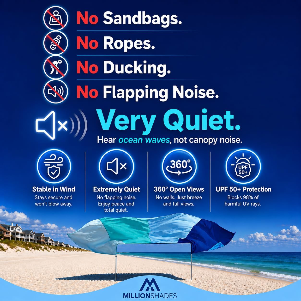Beach Shade Canopy 10x10 ft for 5-7 People | Wind-Propelled® Beach Shade Sail | Classic