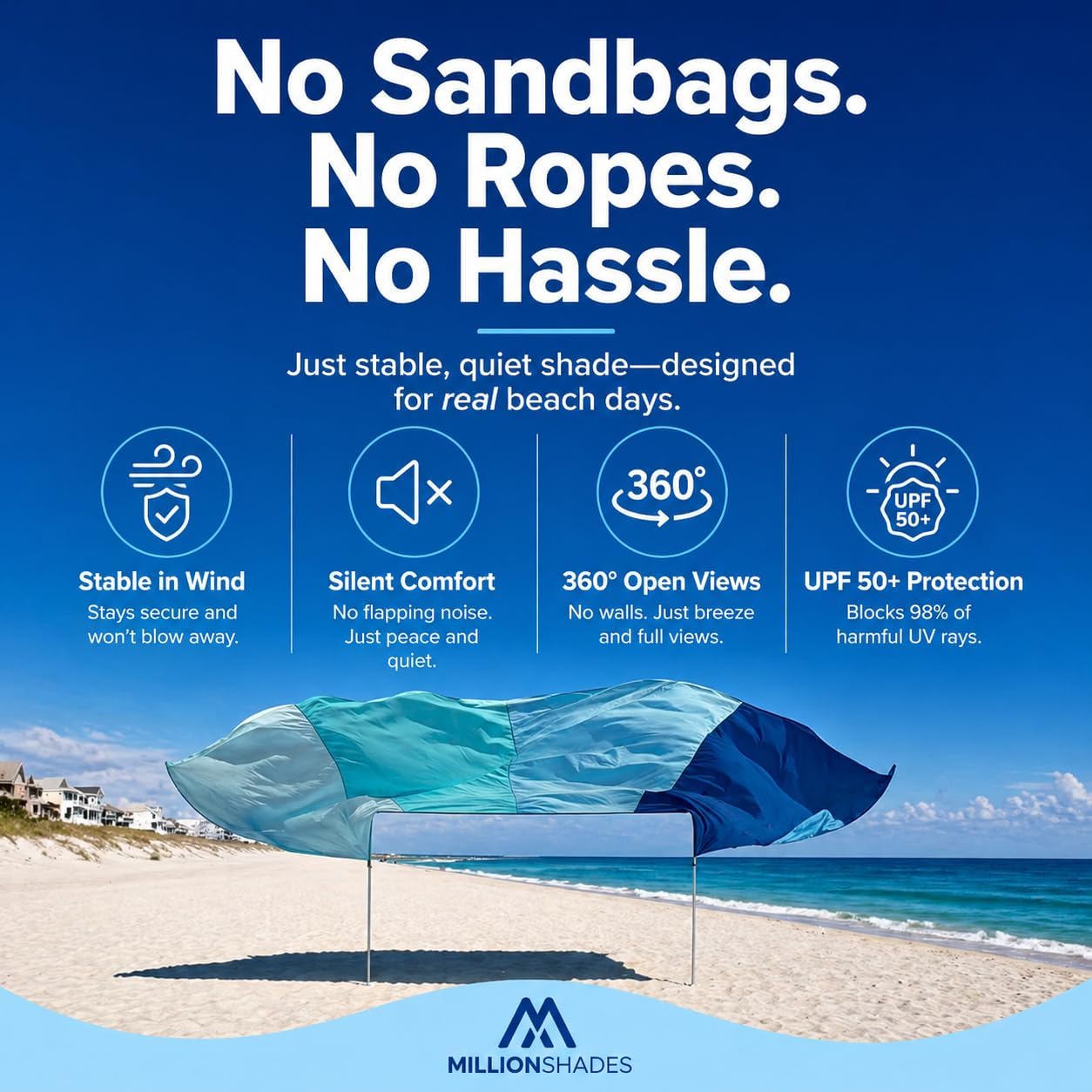 Beach Shade Canopy 14x14 ft for 10+ People | Wind-Propelled® Beach Shade Sail | Grande
