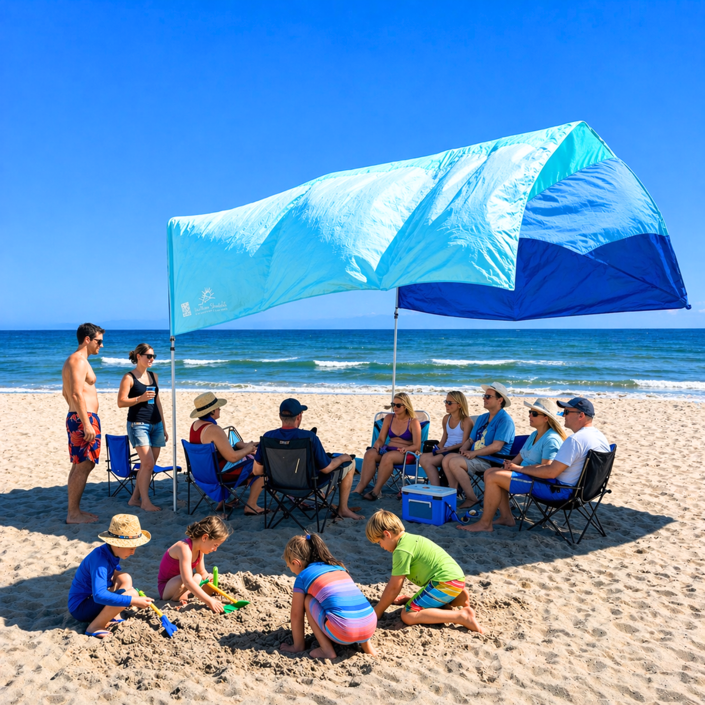Wind-Propelled Beach Shade Canopy 14x14 ft for 10+ People | Beach Shade Sail | UPF 50+ | No Ropes No Sandbags | MillionShades Grande