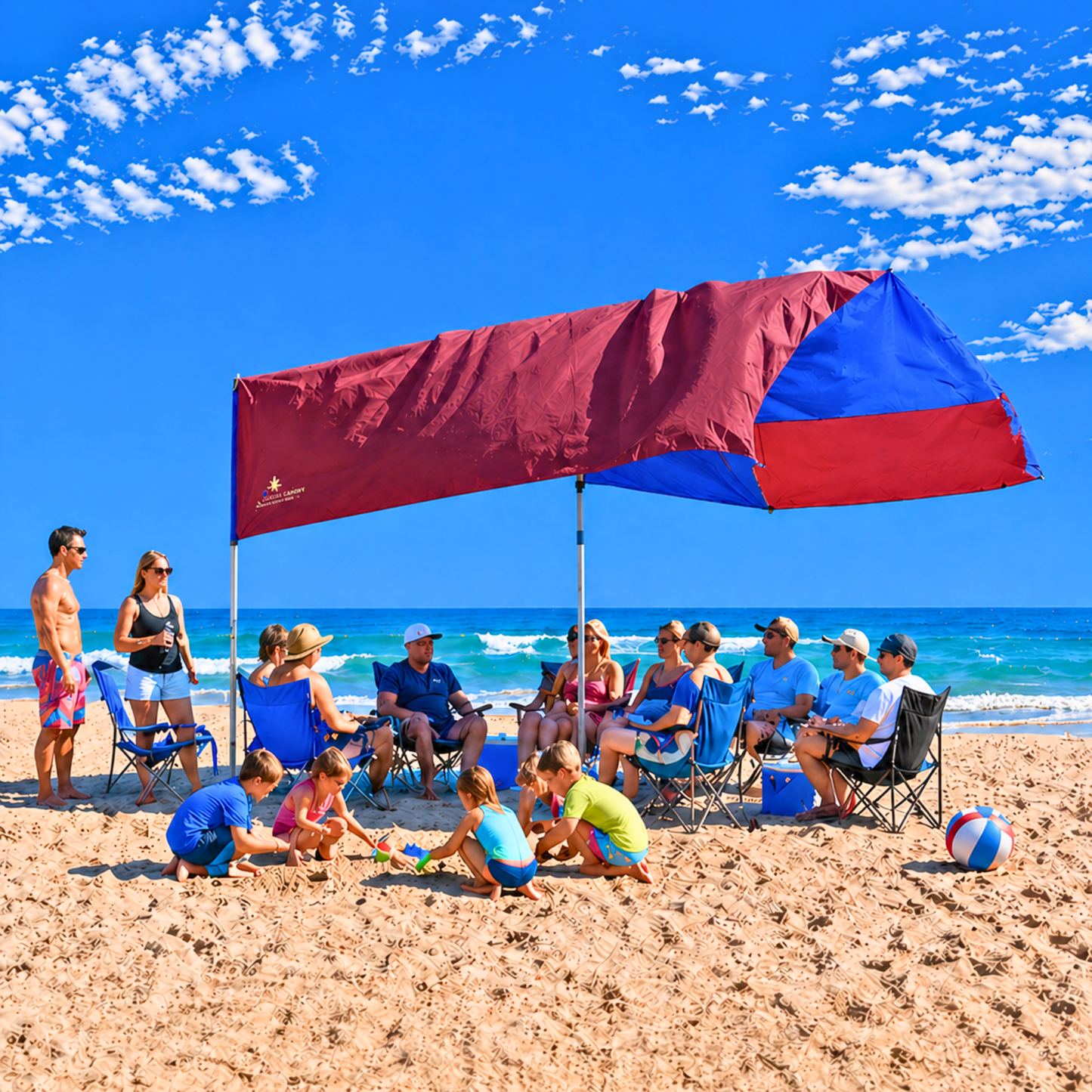 Wind-Propelled Beach Shade Canopy 14x14 ft for 10+ People | Beach Shade Sail | UPF 50+ | No Ropes No Sandbags | MillionShades Grande